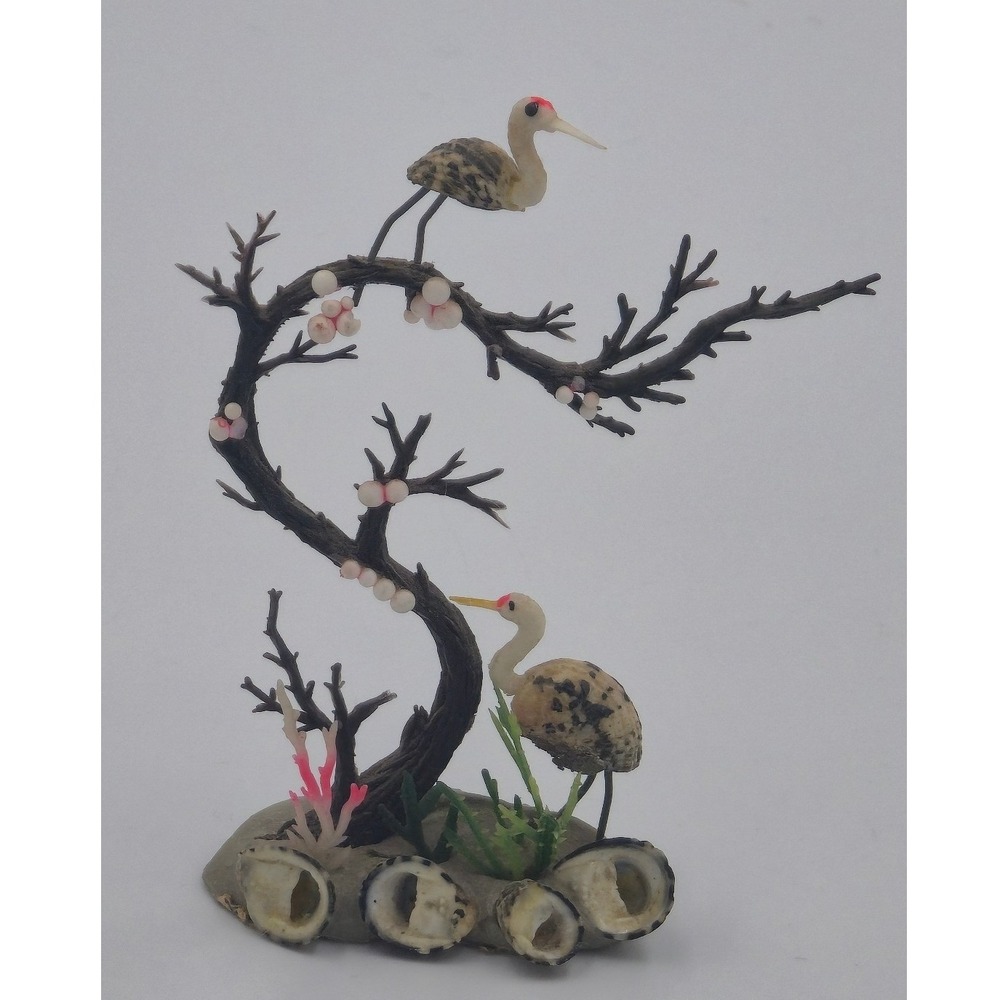 Vintage Shell Art Crane Sculpture Bonsai Tree Coastal Decor Figurine 7.5 Inch